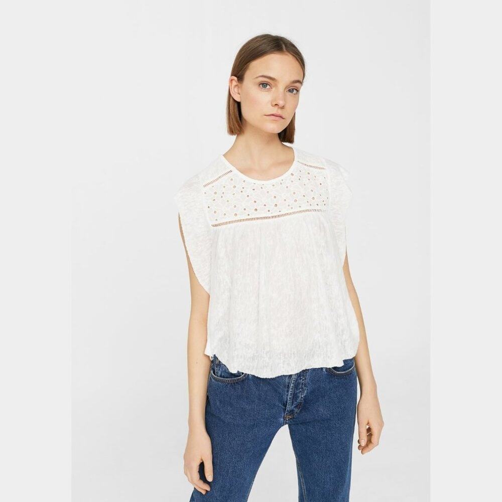 Mango White Openwork Eyelet Panel Knit T-shirt Top Blouse Womens M